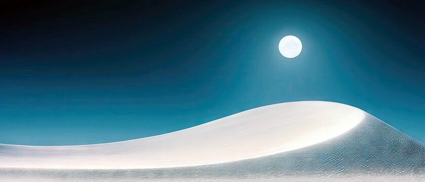 A panoramic view of rolling white sand dunes under a clear night sky with a bright full moon. - Powered by Adobe