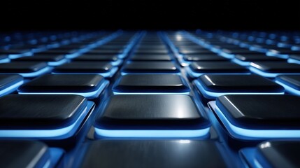 Extreme close up shot of  dark keyboard surface featuring rows of illuminated blue backlit keys receding into  dark background