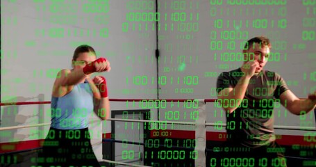 Left female trainee popping jab and starting boxing drill in ring, green digits overlaying punches