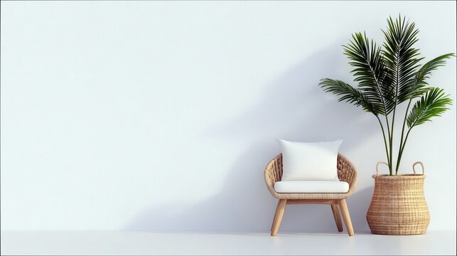 A minimalist interior scene featuring a single wicker chair with a white cushion, placed next to a potted palm plant. The scene is set against a plain white wal
