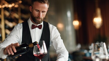 Professional sommelier pouring red wine into glass in dimly lit upscale restaurant setting with soft background lighting
