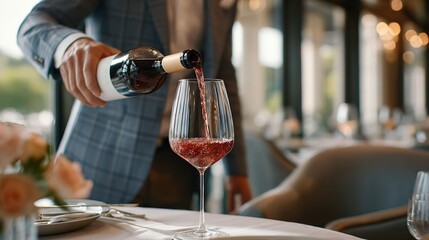 Sommelier pours red wine from bottle into elegant stemmed glass on formally set table in blurred restaurant setting