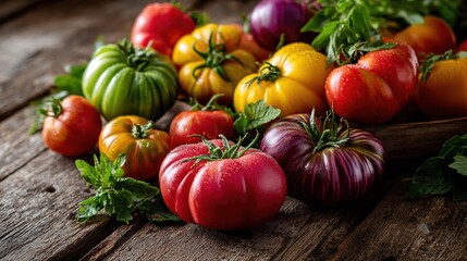 vibrant collection of heirloom tomatoes in various colors including red green yellow and purple resting on rustic wooden planks with fresh herb accents