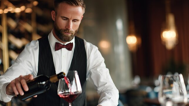 Professional sommelier pouring red wine into glass in dimly lit upscale restaurant setting with soft background lighting - Powered by Adobe