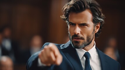 Intense bearded lawyer in dark suit pointing assertively during  courtroom proceeding against blurred background figures