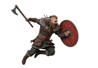 Fierce viking warrior charging with axe and shield illustration png image for design assets and composites isolated on transparent background