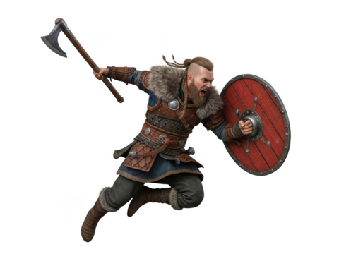 Fierce viking warrior charging with axe and shield illustration png image for design assets and composites isolated on transparent background