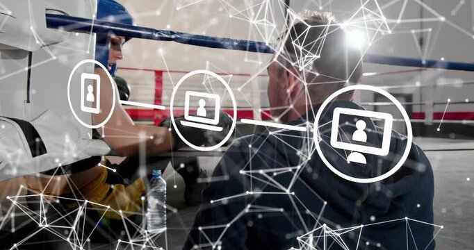 Boxing coach offering water, fixing gear, boxer drinking and preparing reentry, network overlaying