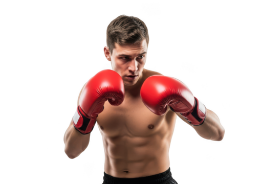 Aggressive boxer ready to fight with red gloves, shirtless, athletic build, intense gaze, punching stance, isolated on transparent background