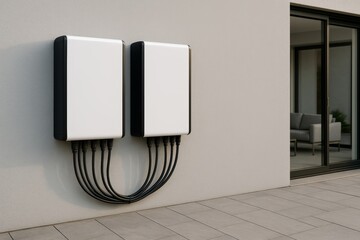 Modern home energy storage batteries mounted on exterior wall in clean residential setting, promoting eco friendly green energy environment concept. Ai generative