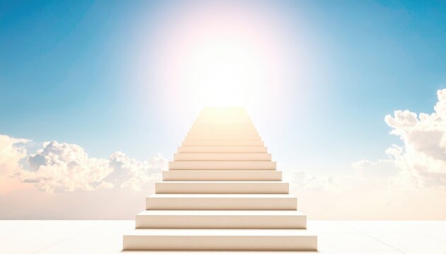 Staircase leading to shining sun in the sky, minimalist style, motivational concept of progress and success - Powered by Adobe
