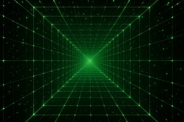 Futuristic glowing green digital tunnel with grid lines and starry lights in deep perspective representing innovation and eco technology concept. Ai generative