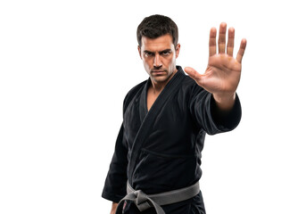 Serious martial arts master in black gi with stop hand gesture, karate, judo, aikido, self-defense training isolated on transparent background