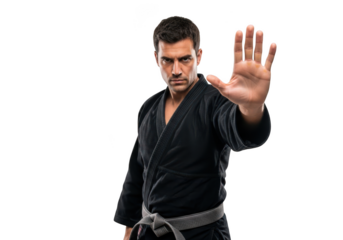 Serious martial arts master in black gi with stop hand gesture, karate, judo, aikido, self-defense training isolated on transparent background