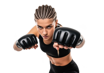 Female mma fighter in fighting stance with braids, punching with boxing gloves portrait png isolated on transparent background