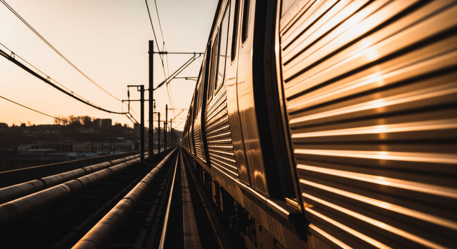 A dynamic train speeds along a railway track, bathed in the warm glow of the setting sun, captured from a low-angle perspective, emphasizing speed, motion and travel.