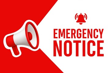 Red and white megaphone announcing an emergency notice with a ringing bell icon symbolizing urgent communication and alerts