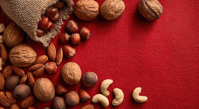 Assorted Nuts on Red Background Photo. Ideal for food, snack, and festive-themed projects. Great for recipe visuals, holiday spread designs, and works highlighting edible gift or snack displays.