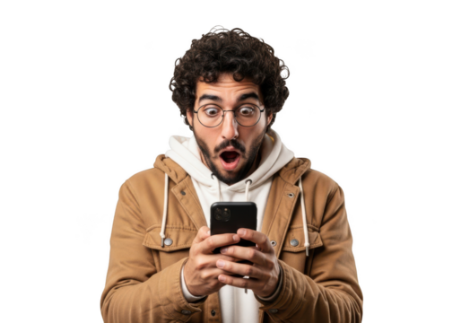 Shocked man with curly hair looking at phone with surprised expression png image download isolated on transparent background