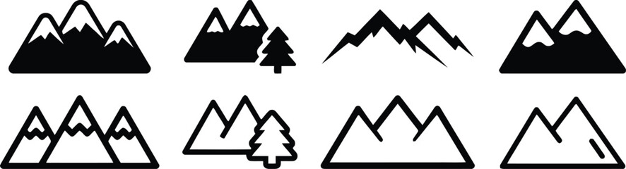 mountain, peak, summit, range, landscape, nature, outdoor, adventure, hiking, climbing, snow, silhouette, icon, symbol, graphic, design, black, white background, travel, exploration, scenery, geology,