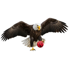 Obraz premium Majestic bald eagle in flight with a red ball in its talons on a black background