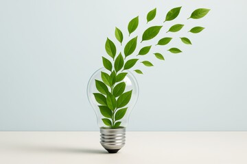 Light bulb filled with green leaves symbolizing eco friendly energy innovation and sustainable environment concept on minimal pastel background. Ai generative