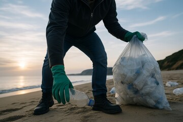 Volunteer picking plastic litter on beach at sunset, holding trash bag full of bottles, promoting eco and green environment protection concept. Ai generative