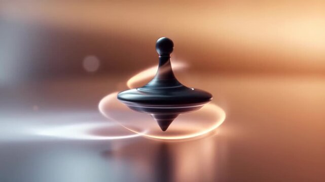 Spinning top rotating endlessly on a reflective surface, creating ethereal light trails