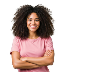 Beautiful smiling african american woman with curly hair posing confidently in pink shirt stock photo isolated on transparent background