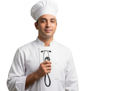 Medical chef doctor cook in uniform holding stethoscope healthcare professional culinary medicine isolated on transparent background