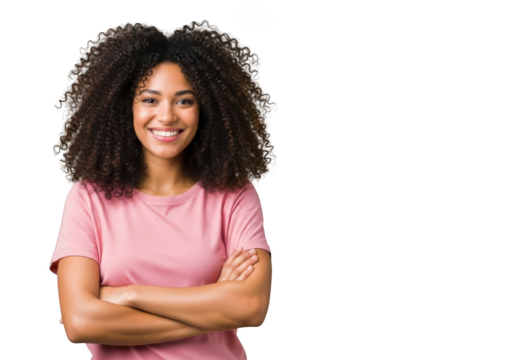 Beautiful smiling african american woman with curly hair posing confidently in pink shirt stock photo isolated on transparent background