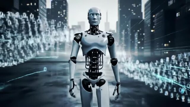 Futuristic humanoid robot standing in a digital cityscape at night