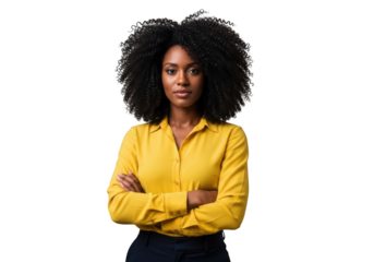 Professional african american woman with curly hair in yellow shirt posing confidently stock photo portrait image isolated on transparent background