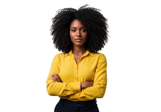 Professional african american woman with curly hair in yellow shirt posing confidently stock photo portrait image isolated on transparent background - Powered by Adobe