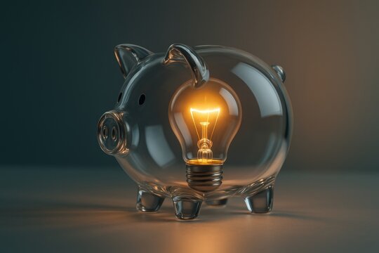 Transparent piggy bank with glowing light bulb inside symbolizing eco energy savings and green financial concept on dark background. Ai generative