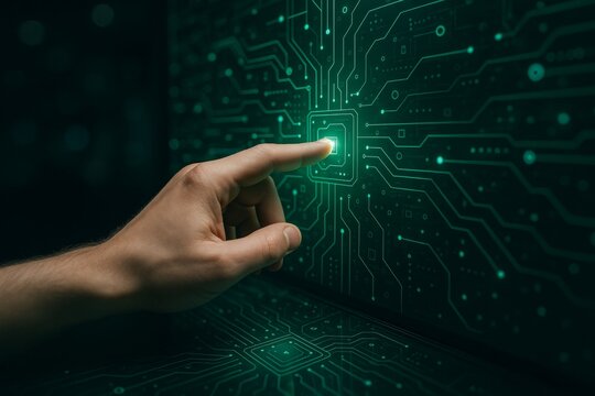 Human finger touching glowing green circuit button on futuristic digital interface representing eco-friendly green energy technology concept. Ai generative