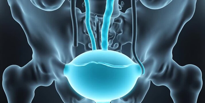 Anatomical illustration of the bladder and urinary tract within the pelvic region.