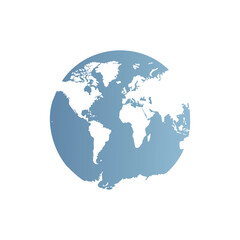 Blue world map illustration with continents on a white background, representing global business, travel, and technology