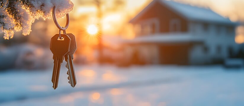 Concept of home and real estate ownership with a golden key hanging in front of the house.