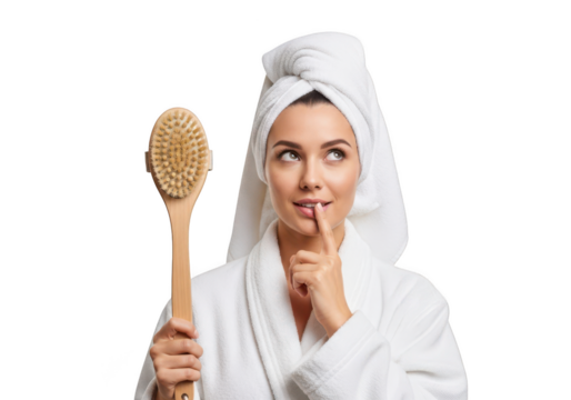 Pensive woman in robe holding body brush, beauty, spa, wellness, skincare routine, isolated on transparent background