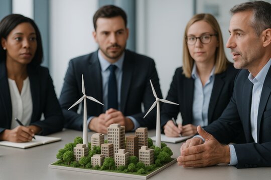Business team discussing eco-friendly urban development with wind turbines and green buildings model on office table during a meeting. Ai generative
