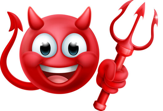 A red devil or satan emoji emoticon man face holding a trident, pitchfork or pitch fork cartoon icon mascot.