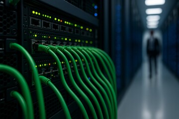 Green network cables connected to data server rack in modern eco-friendly data center for sustainable energy and environment concept integration. Ai generative