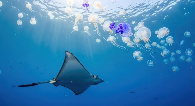 An underwater view of a ray swimming amongst jellyfish creating a serene ocean scene