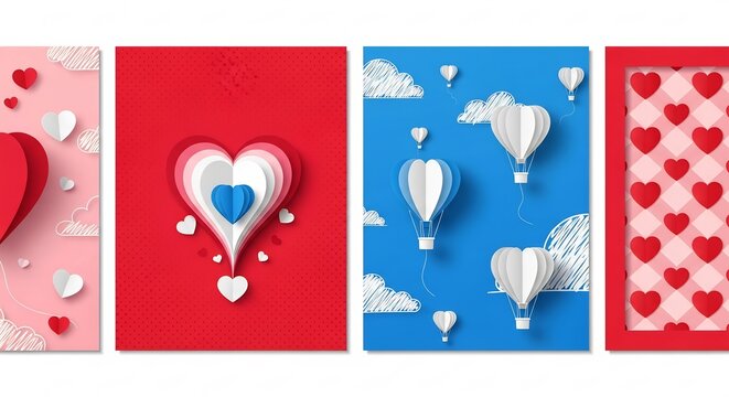 Four Valentine's Day concept banners featuring 3D paper cut hearts and hot air balloons on colorful backgrounds. - Powered by Adobe