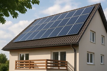 Modern house with solar panels on roof under clear sky promoting eco-friendly energy and green environment sustainability concept. Ai generative