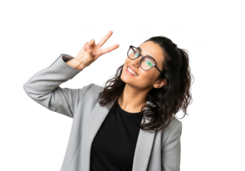 Smiling businesswoman with glasses making peace sign gesture stock photo png image for design projects isolated on transparent background