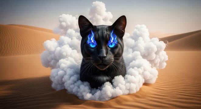 Ethereal feline amidst desert expanse, mystical cat emerges in a cloud of smoke