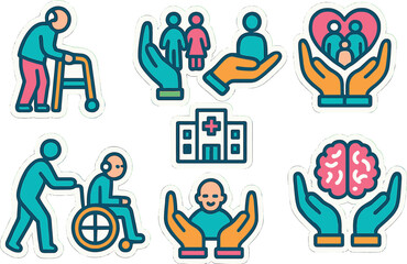 Caring icons collection featuring elderly assistance and healthcare symbols in modern style