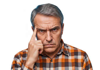 Pensive mature man thinking hard with finger on temple portrait image for graphic design and compositing isolated on transparent background